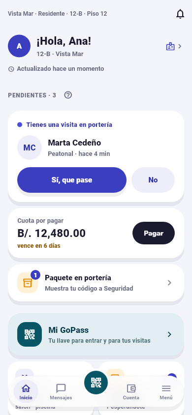 Inicio de la app del residente con visita, cuota, paquete y GoPass; datos de ejemplo.
